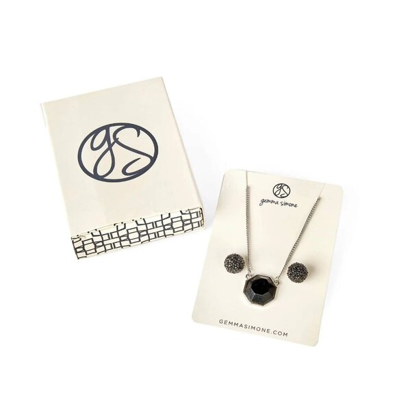 Gemma Simone Black Druzy Earrings and Matching Necklace Set New in Box - Picture 1 of 3